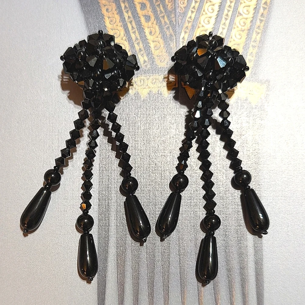 French Jet Vintage Shoulder Brusher Earrings 3.5